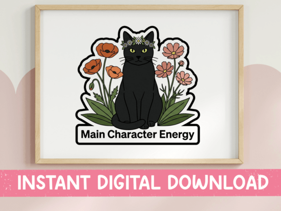 Main Character Energy Black Cat Floral Graphics for T‑Shirt Designs